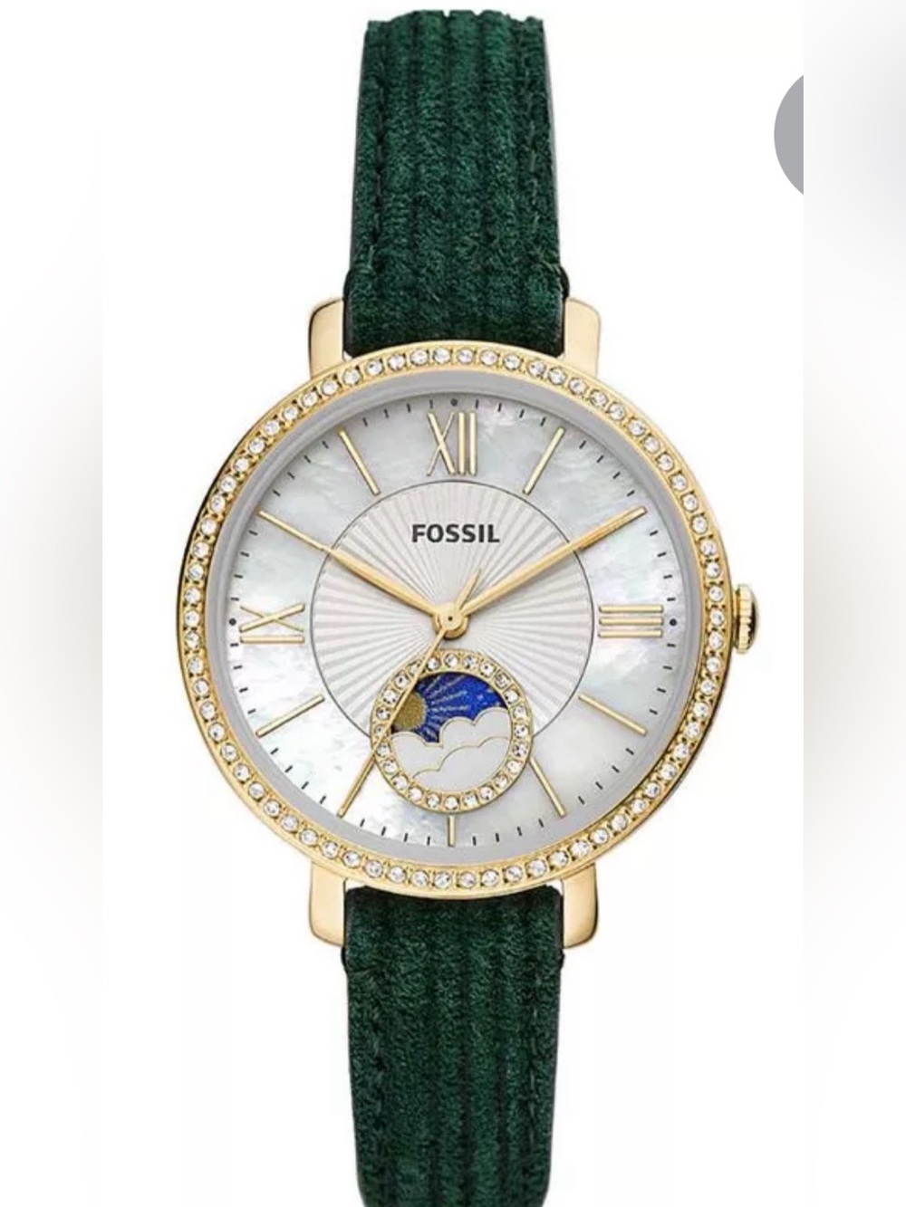 Fossil Women's Jacqueline Moonphase Green Leather Strap Gold Crystal Dial Watch